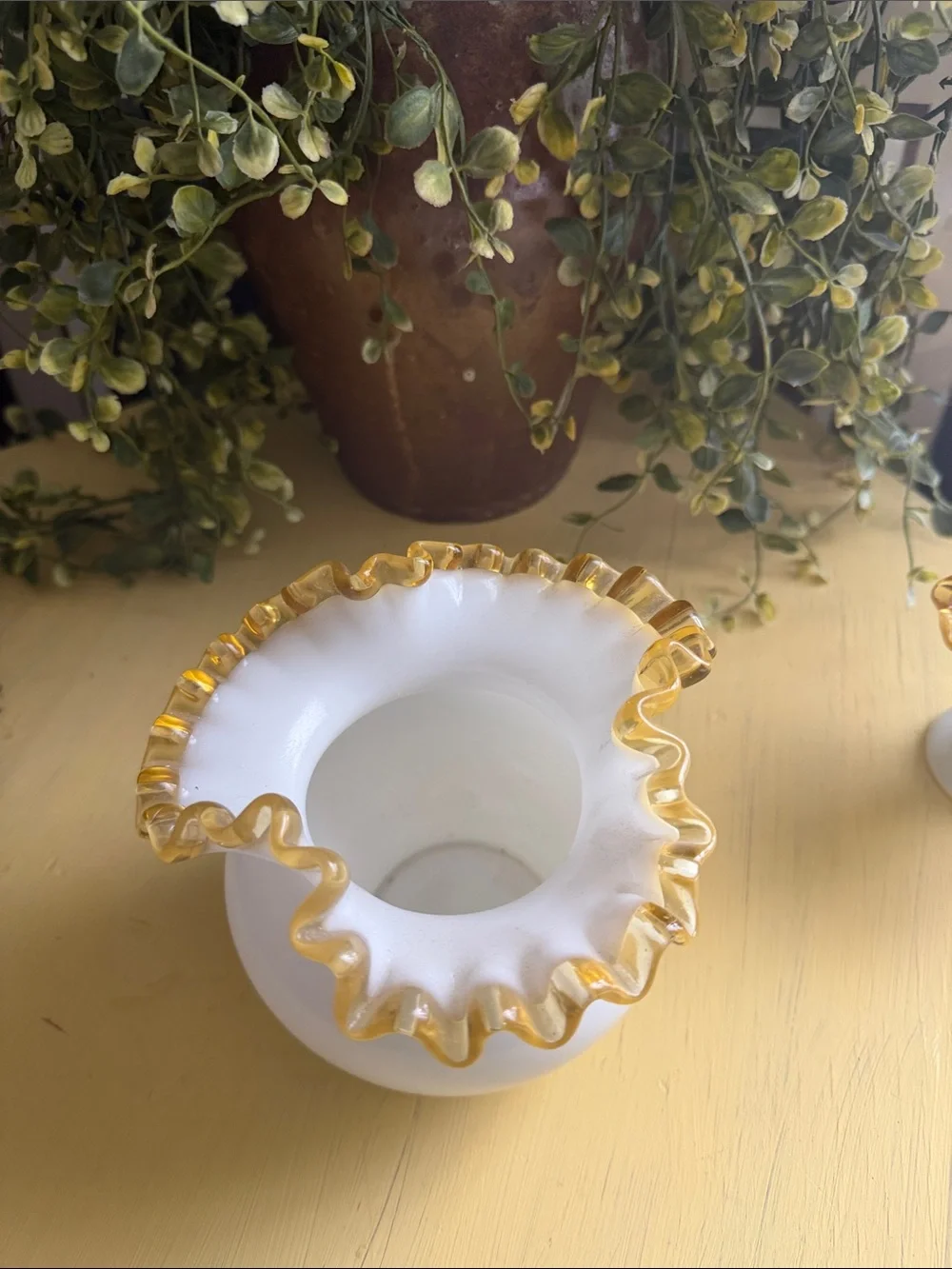 Fenton Milk Glass Ruffled Edge Vase and vase bowl 1940